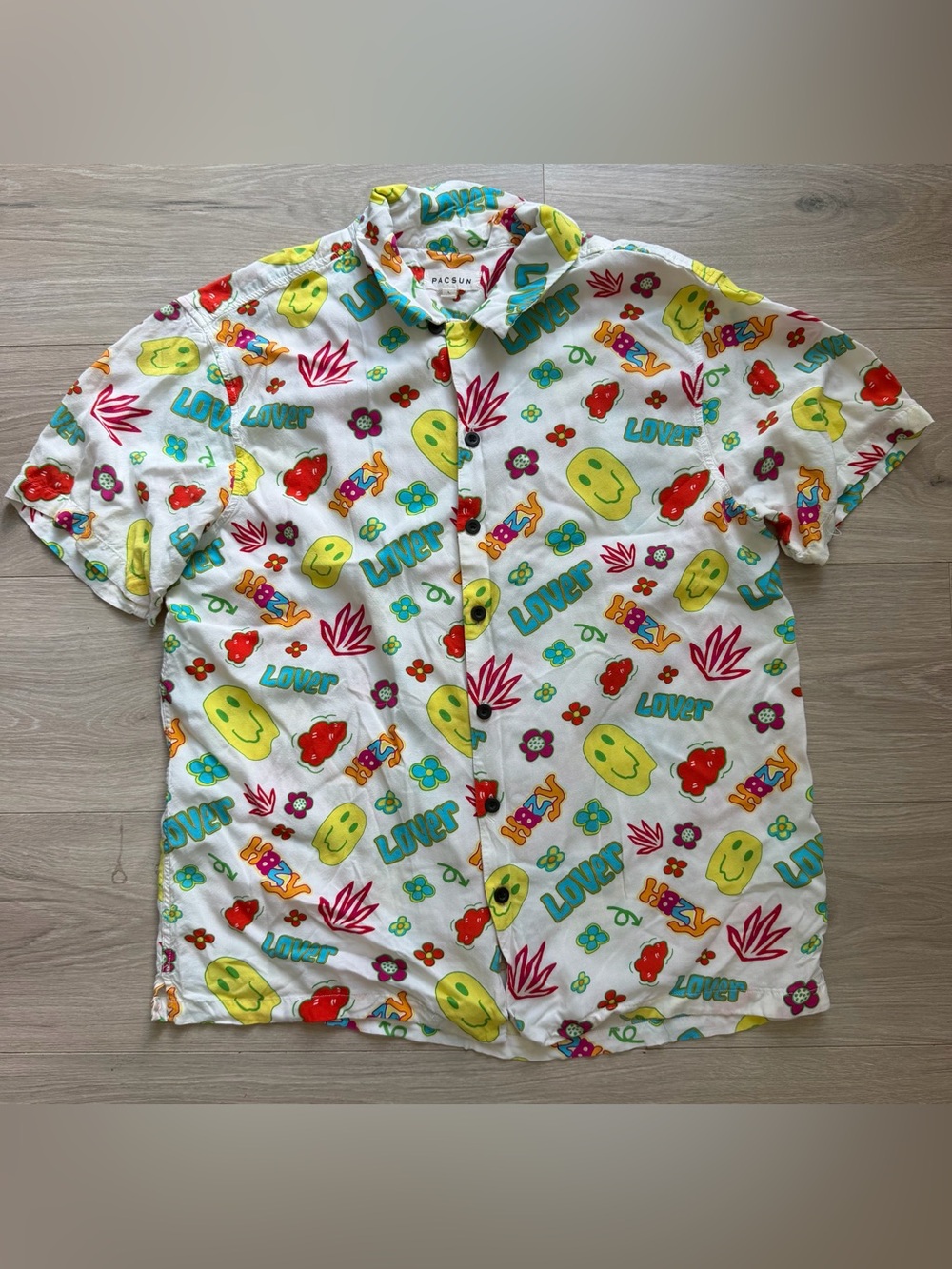 PacSun Flower Power Graphic Smiley Button-Up Shirt